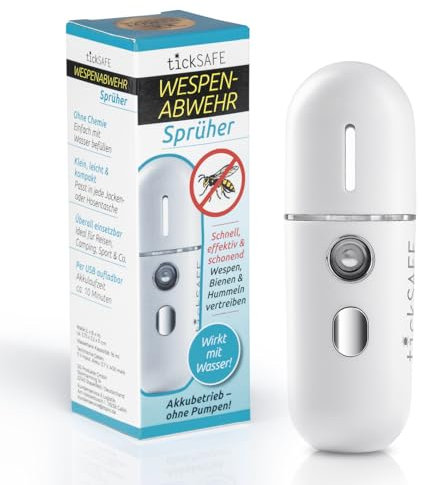 tickSAFE Wespenabwehr-Sprüher | Schnell, effektiv und schonend Wespen, Bienen und Hummeln mit Wasserdampf vertreiben | 10 min. Akkubetrieb, 1 h USB Aufladung | Easy durch den Sommer