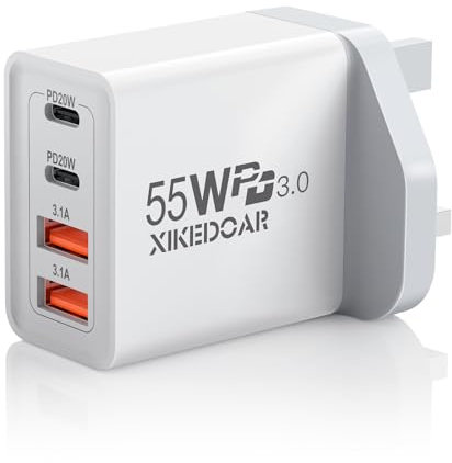 USB C Plug, 55W 4 Port USB Charger UK Dual Port PD Power Adapter + QC Wall Charger Plug Fast Charging Main Chargers, Multi USB Plug for iPhone 15,14,13,12,11, iPad Air, Samsung S24, S23