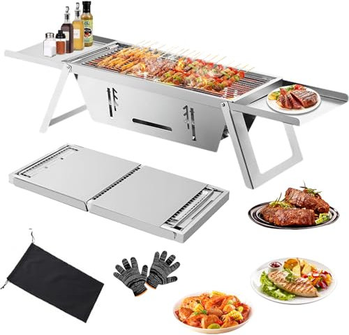 Sorlpv Holzkohlegrill Faltbare, Klein Edelstahl Holzkohlegril 73 x 21,5 x 17cm, Einstellbare Feuerkraft Campinggrill Picknickgrill, Tragbarer BBQ Grill für Outdoor Camping Tischplatten, Silber