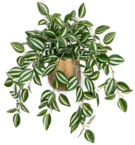 OIairse Fake Plants in Gold Metal Pots, Artificial Trailing Plants Potted | 41cm Faux Tradescantia Zebrina for Indoor Outdoor Home Office Bathroom Kitchen Shelf Desk Table Decoration