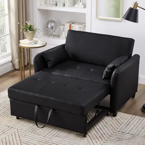 PUGSDRLY Canape Lit 2 Places Convertible avec Coussin,Dossier Réglable en 3 Positions,Petit Canapé 2 Places pour Salon,Appartement,Home Cinéma,Matériau PU (Noir)