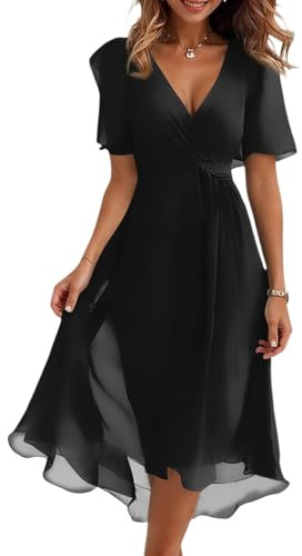 Générique Robe Longue Femme Mariage Été Robe Chiffon Mousseline Courte Manches Courtes Vetement Femme Ete Plage Boheme col en V Summer Dress Et Ventes Flash Noir L