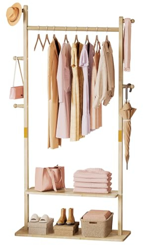 Yorbay Garderobenständer Holz Freistehende Kleiderständer: mit Ablagen Haken Kleiderstange - Massivholz Garderobe für Kleidung Hut Jacken Tasche - für Wohnzimmer Schlafzimmer (78cm)