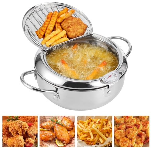 Friteuse japonaise Tempura en acier inoxydable avec tamis, thermomètre et couvercle, mini friteuse à huile de 2,2 l (Deep Fryer) pour la cuisine, idéale pour les frites, les ailes de poulet et les