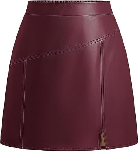 Kate Kasin Women's Faux Leather Skirt A-Line Mini Skirt High Waist Front Slit Short Pencil Skirt Autumn Winter Casual Party Office Wine L