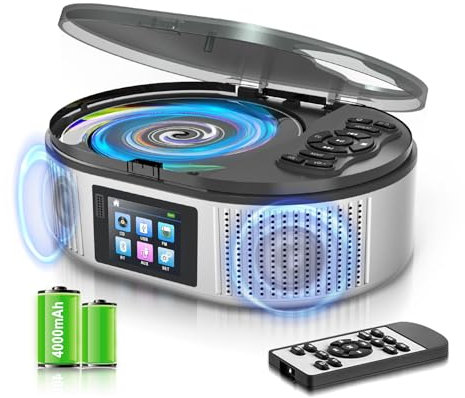 Tragbarer CD Player, CD Player Bluetooth mit Dual Stereo Lautsprecher, 4000mAh Rechargeable Desktop Boombox CD Player mit Remote Control, LCD Screen, Unterstützung FM-Radio/USB/AUX