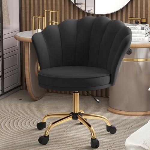 Aivermeil Homeoffice Stuhl,Schminkstuhl,SamtStuhl Blütenblatt-Rückenlehne 360° drehbar Höhenverstellbar Bürostuhl ergonomisch für Arbeitszimmer Schlafzimmer,bis 120kg belastbar Schwarz