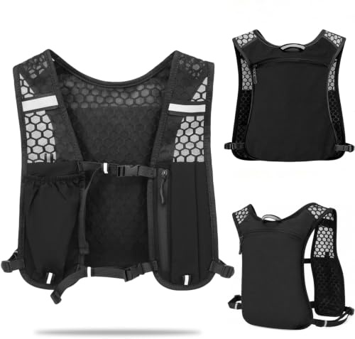 Qoibraze Running Vest for Women and Men with Phone Holder, Running Backpack | Lightweight Hydration Vest with Breathable Mesh, Reflective Trim, Front Phone and Bottle Pockets and Rear Zip Storage, 120 g