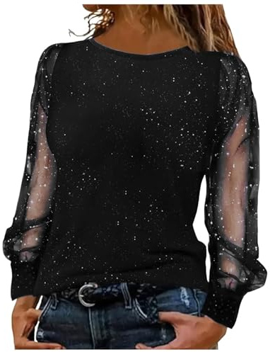 Top Eleganti da Donna con Paillettes e Glitzer Maglione da Sera Outfit per Capodanno a Maniche Lunghe Camicia Scintillante Blusa da Donna con Paillettes Taglie Forti Tunika, O nero., XXL