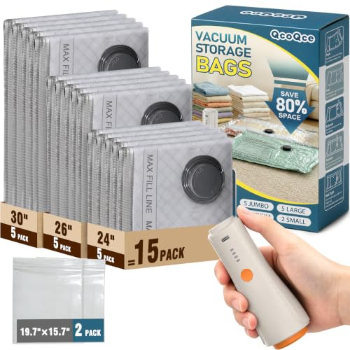 QcoQce Vacuum Storage Bags with Rechargeable Electric Pump, Space Saver Bags for Travel, Vacuum Seal Bags for Clothing, Bedding, Seasonal Storage, Compression Packing Bags for Suitcase
