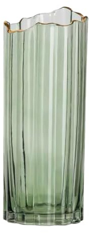 LALAFINA Green Gold-Trimmed Large Glass Flower Vase with Irregular Wavy Rim, Nordic Vertical Stripe Design, Decorative Desktop Plant Container for Dried Flowers and Home Décor