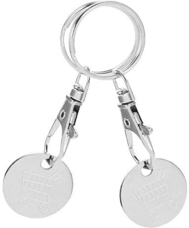 AKOOSY 2pcs Stainless Steel Shopping Cart Coin Keychain Quarter Holder Key Ring for Grocery Trolley Tokens Supermarket Use