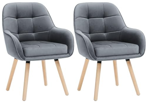 ELUCHANG Chaises de Salle à Manger Lot de 2, 10cm Coussin pour Fauteuils avec Accoudoirs Hauts, Base Métallique & Pieds Bois Massif, Charge 150KG, Gris Velours Chaises pour Chambre, Cuisine, Salon