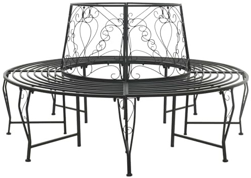 Holekex Trädbänk, stål, svart, rund, 8 sittplatser, Ø 160 x 89 cm, väderbeständig, för trädgård, terrass, balkong, utomhus med ryggstöd och robust metallkonstruktion för park, veranda