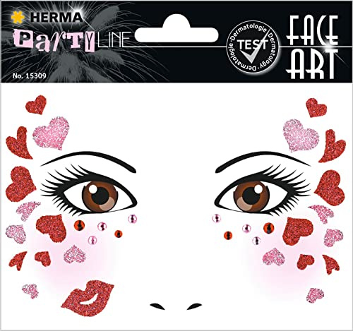 HERMA 15309 Face Art Sticker Herzen, dermatologisch getestet, ablösbare Glitzer Gesicht Aufkleber, temporäre Tattoos für Karneval Fasching Halloween Festival Kinder Geburtstag, rot rosa pink