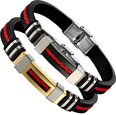 Flongo Herr 2 st rostfritt stål rött läderrep svart silikon surf manschett armband, 21,5 cm