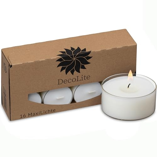 Contenido del envío: MaxiLights de Wenzel – Velas de té grandes en vaso acrílico (vaso transparente) aprox. 9 – 10 horas de combustión, incluye encendedor (16 x MaxiLights & 1 mechero).