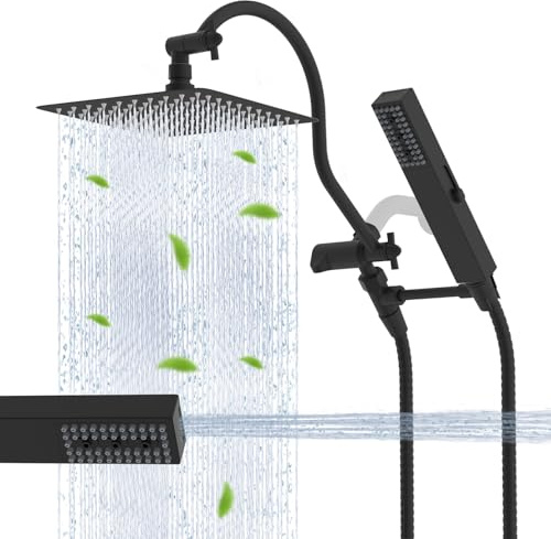 Hibbent All Metal cUPC Certified Shower Head, 10'' High Pressure Rainfall Showerhead Combo, Handheld Shower Wand, 12'' Adjustable Extension Arm, 4-Spray, 71'' Hose, Brass Shower Holder, Matte Black