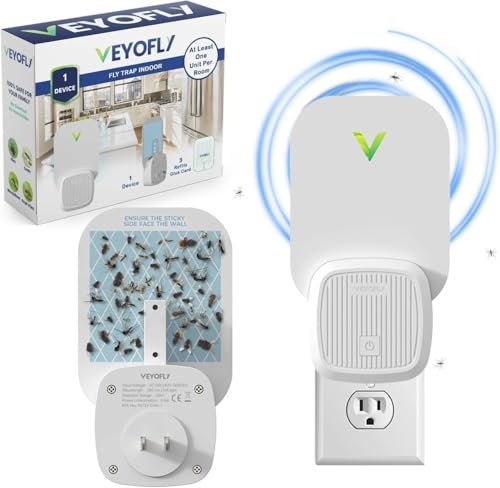VEYOFLY Piège à Insectes Volants, Attrape-Insectes, piège à Mouches intérieur, Maison Plus sûre,moucherons, Mites, moustiques, lumière Anti-Insectes à Brancher (1 appareils + 3 Cartes de glu)