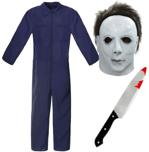 Adults Halloween Killer Costume - X-Large - Blue Jumpsuit, Rubber Mask, Fake Knife - Adults Halloween TV Film Fancy Dress Costume