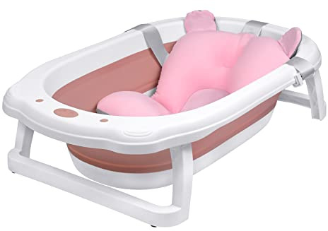 XMTECH Bañera plegable para bebé, 82 x 50 x 20 cm, plástico PP&TPE estable, ahorra espacio, bañera para bebés con orificios de drenaje y almohadilla antideslizante para los pies, con cojín para