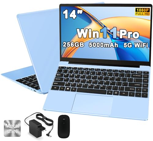 PC Portatile Win11 Computer Portatile Notebook 14 Pollici 256GB SSD Expansion 1TB 5000mAh, Laptop con 5G WiFi CPU N4020 (fino a 2.8 GHz) BT4.2 Mouse Wireless & Membrana per tastiera italiana -Blu