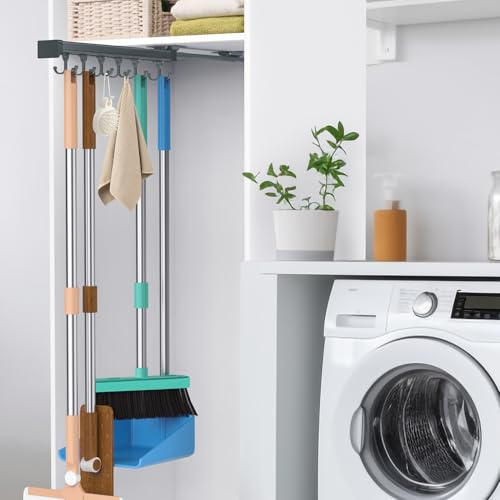PrimZooty Support de balai coulissant, multifonction avec crochet coulissant réglable à double rangée, crochets d'organisation de garage, pour placard, buanderie, garage, cuisine – Gris foncé