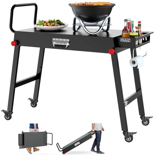 NUUK 31x17 Heavy Duty Folding Grill Table Cart with Locking Wheels Side Shelves 300LBS Capacity for Griddles Pizza Ovens Outdoor Cooking Perfect for Outdoor Countertop and Grill Prep Table Use
