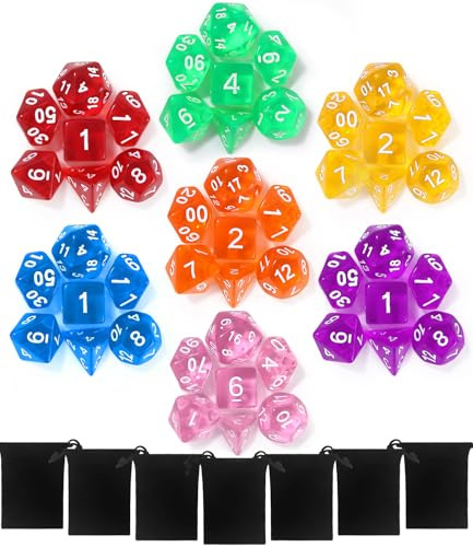 TIDEVAN 49 Delar Polyhedral Spel Tärning Set Bordsspel Tärningar med 7 stycken Svart Påse för Fängelsehålor och Drakar DND RPG MTG D20 D12 D10 D8 D6 D4 Stycke Bordsspel Tärning Set(Transparent)