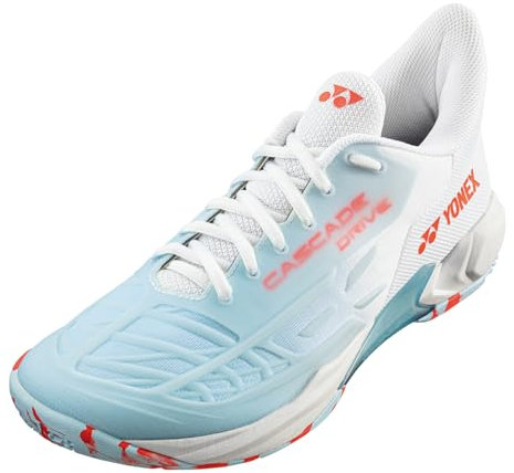 YONEX Cascade Drive Hochwertige Badmintonschuhe für schmale Füße Herren und Damen viele Farben (White/Water Blue, EU Schuhgrößensystem, Erwachsene, Numerisch, Schmal, 42)