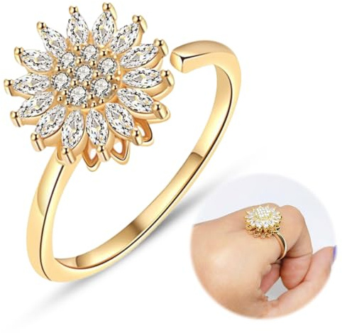 Bague Anti-Stress Femme Tournante en Forme de Tournesol Strass - Bague Femme Élégante et Ludique - Bague Anti-Stress Dorée avec Détails Brillants - Idéale pour Relaxation et Style