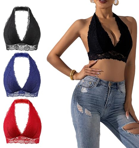 Cotorance Womens Lace Bra No Underwire No Pads V Neck Halterneck Comfortable Bralettes