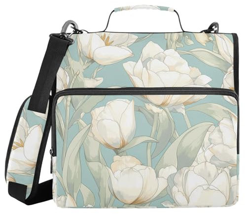 Lush Tulips Aktenordner, 3,8 cm, 3 Ringe, Reißverschluss, Organizer mit Griff und abnehmbarem Schultergurt, mehrere Taschen, Dokumentenmappe, Organizer, geeignet für Mittelschule, Hellgrün