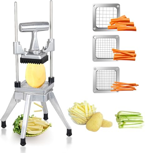 Hakka Coupe-Frites Professionnel, Hachoir à Légumes avec 3 Lames de Rechange, Coupe-Pommes de Terre Robuste et Professionnel, Coupe-Carottes en Acier Inoxydable, Comprend 3 Lames (1/2, 3/8, 1/4)