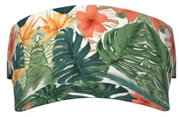 WXWJSHMGC Tropical Summer Hawaiian Flower Palm Leaves Print Sun Visor Cap - Women Ponytail Baseball Cap, Sport Outdoor Plain Visor Hat, Adjustable Twill Golf Tennis Hats Black