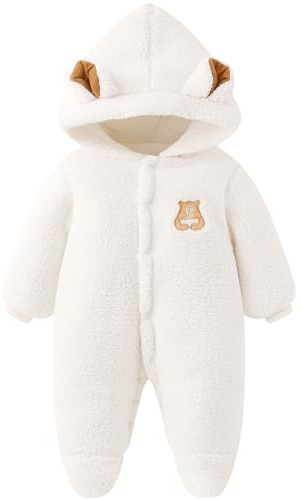 JiAmy nyfödd baby snödräkt fleece vinter snödräkter, björn med huva sparkdräkt tecknad baby flickor pojkar kläder kläder kläder 0-18 månader, Vitt, 9-12 Months