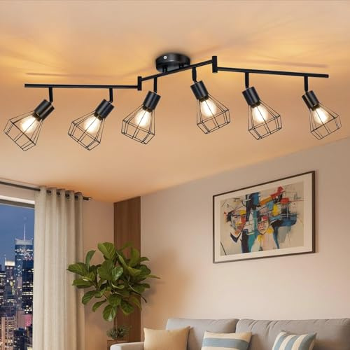 Seruno X Lampada Bagno Soffitto 6 Faretti Orientabili Nero, Base E14 Gabbia Metallica Industriale, Lampadario Vintage per Soggiorno, Camera, Bagno (Senza Lampadine)