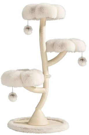 Fudajo Albero tiragraffi per gatti di design con 3 piattaforme, Ø 59 cm, altezza 125 cm, portata max. 15 kg, beige con sisal e peluche, colonna con 3 livelli