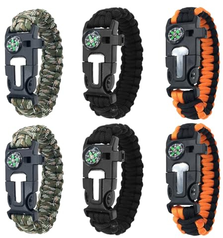 YAOYYG Lot de 6 Bracelets de Survie en Paracorde, 5 in 1 Bracelets de Survie, Allume-Feu en Silex et Acier, Sifflet, Boussole, Longueur de Bracelet Réglable pour Camping