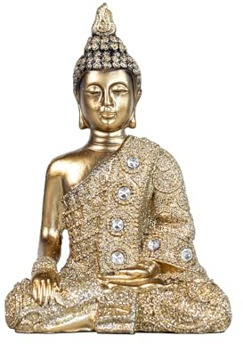 Decorative Buddha Statue, Gold with Crystals, 5.5 inch Height, Modern Art Deco Style, Meditation and Home Decor | Premium resin craft, glitter gold coating, embedded crystal accents, Thai buddha sculpture