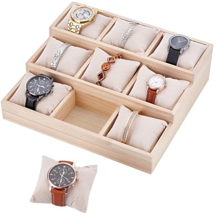 NBEADS Vassoio Portaoggetti per Orologi e Braccialetti A 3 livello e 9 griglie, Vassoio Porta Orologi con Cuscini Rimovibili Espositore Espositore per Orologi Da Cassetto Beige, 24x26.5x7.9cm