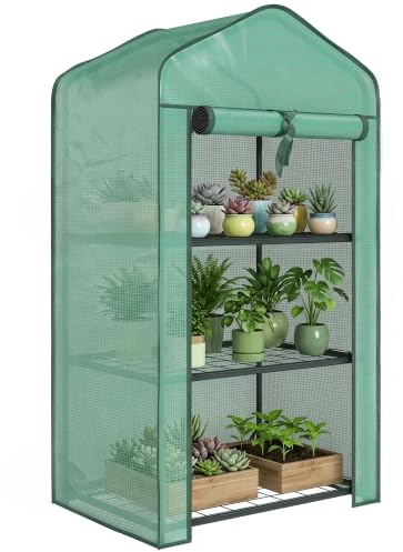 Outsunny Trädgårdsväxthus med hyllor 3 nivåer, balkongväxthus, PE-förstärkt presenning, stålram, rullbar dragkedja, för grönsaker, blomväxter, 59 x 39 x 127 cm, grön