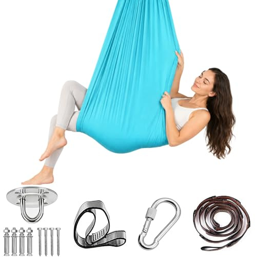 Mailfull Hamaca de Yoga aérea de 280x150 cm, Tipo Silla Colgante, con Accesorios, soporta hasta 200 kg (Azul Cielo)