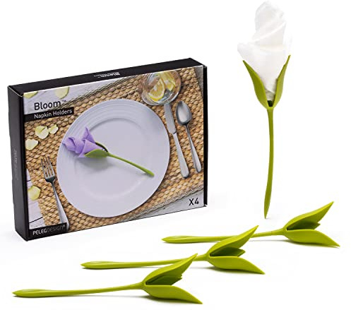 PELEG DESIGN Bloom Serviettenhalter 4er-Set – Kreative Blumenstiel-Halter für Papierservietten, Originelle Tischdekoration für Partys & Events, Inklusive 4 weißer Servietten