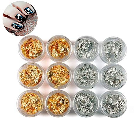 Xiton Feuille d'or 3D Nail Art Accessoires 12 Pot/Set Or Argent Paillette Foil Chip mousseux Flake bricolage Glitter Decal acrylique Gel UV Nail Art Décoration (couleurs assorties)