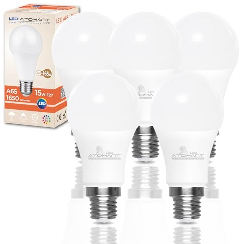 LED ATOMANT Pack 5x Bombilla LED E27 A65 15W, Color Blanco Neutro (4500K), 1650 Lumenes, Casquillo grueso, Equivalencia 165W, No Regulable