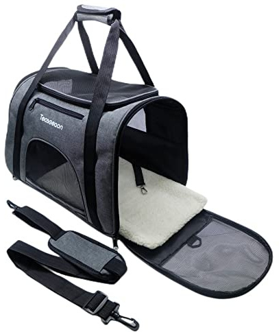 Tecageaon Weiche Tragetasche für Katzen und Hunde, für kleine Hunde, Katzen, Hunde, Welpen, ausbruchsicher, von Fluggesellschaften zugelassen für Reisen, atmungsaktiv, 5 Netzfenster (Medium, Grau)