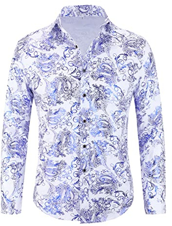 Allthemen Jacquard skjorta för män, långärmad satin fritidsskjorta, paisley, herrskjorta för fest, bröllop