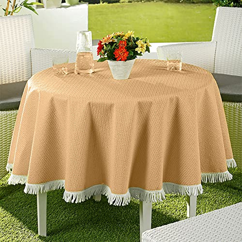 EMHELLE Trädgårdsduk trädgård balkong terrass bordsduk camping picknick rund oval kantig utomhus och inomhus halkfri yta med vita fransar (130 cm rund, beige)