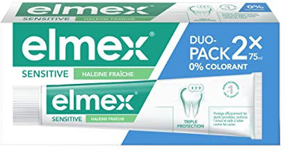 ELMEX - Pâte Dentifrice Elmex Sensitive Haleine Fraîche 0 % Colorants - Dents Sensibles, Gencives Douloureuses, Protection de l'Email - 2 x 75 ml